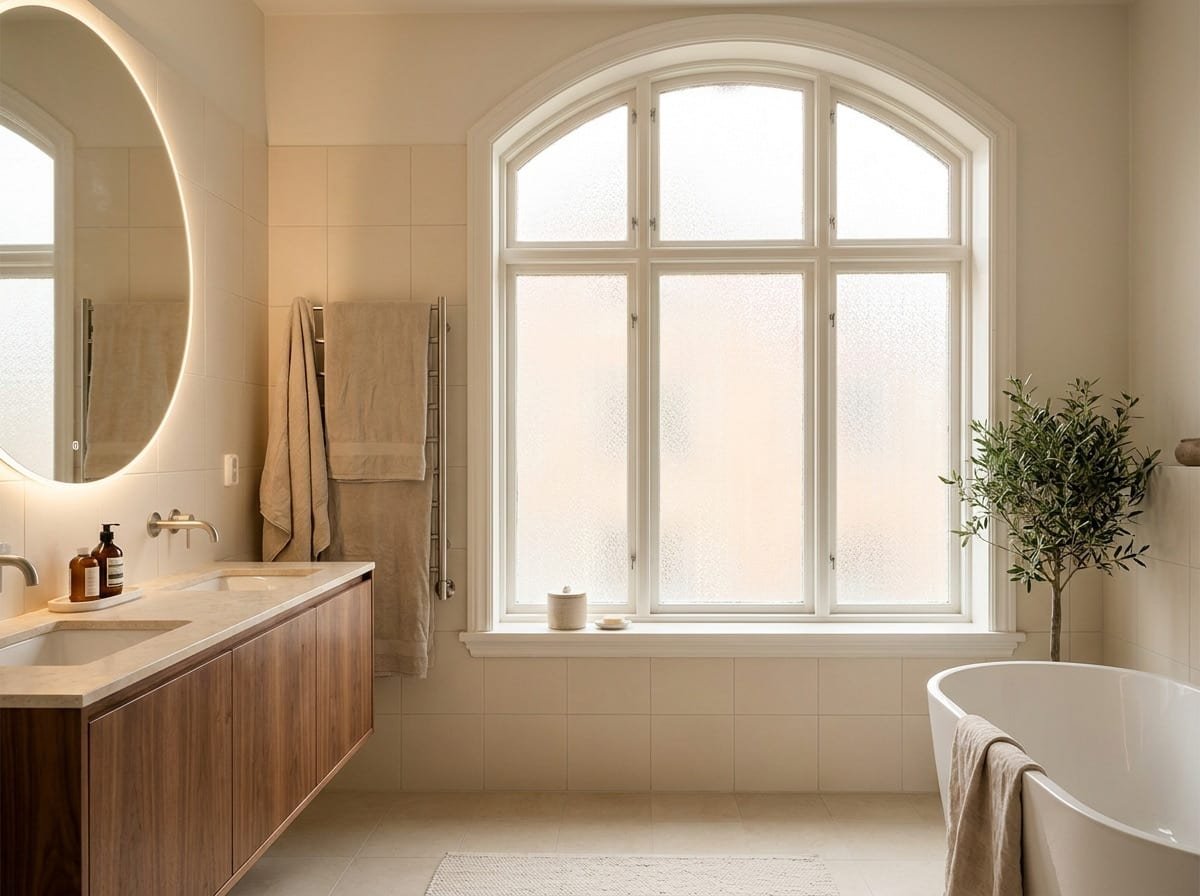 Home bathroom window covered in frosted privacy film, glowing with diffused daylight
